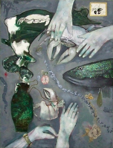 Still Live with green Vase 107 x 81 cm, Oil, Collage on Canvas, 2010 