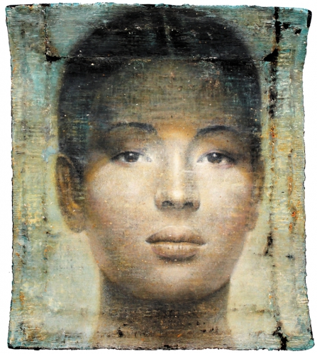 „Mädchenbildnis” Öl, Wasserfarbe auf Papierhybrid, auf Holz, 2013, 140 x 120 cm